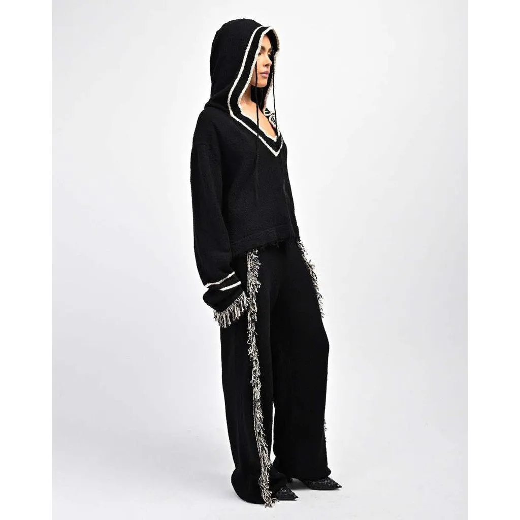 Aseye Studio NWT Andy Fringe Knit Hoodie in Black And Oatmeal - Size Medium