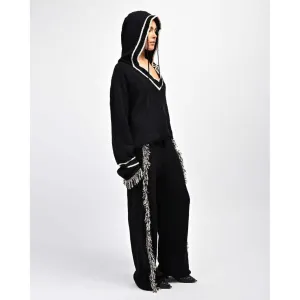 Aseye Studio NWT Andy Fringe Knit Hoodie in Black And Oatmeal - Size Medium