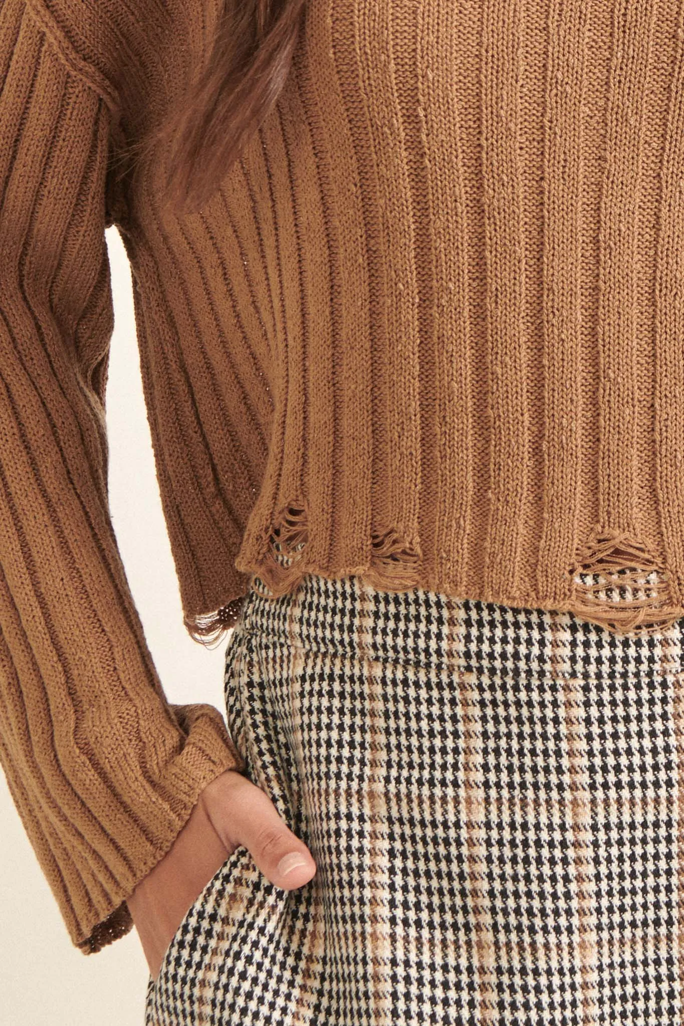 Beautifully Free Distressed Rib-Knit Sweater