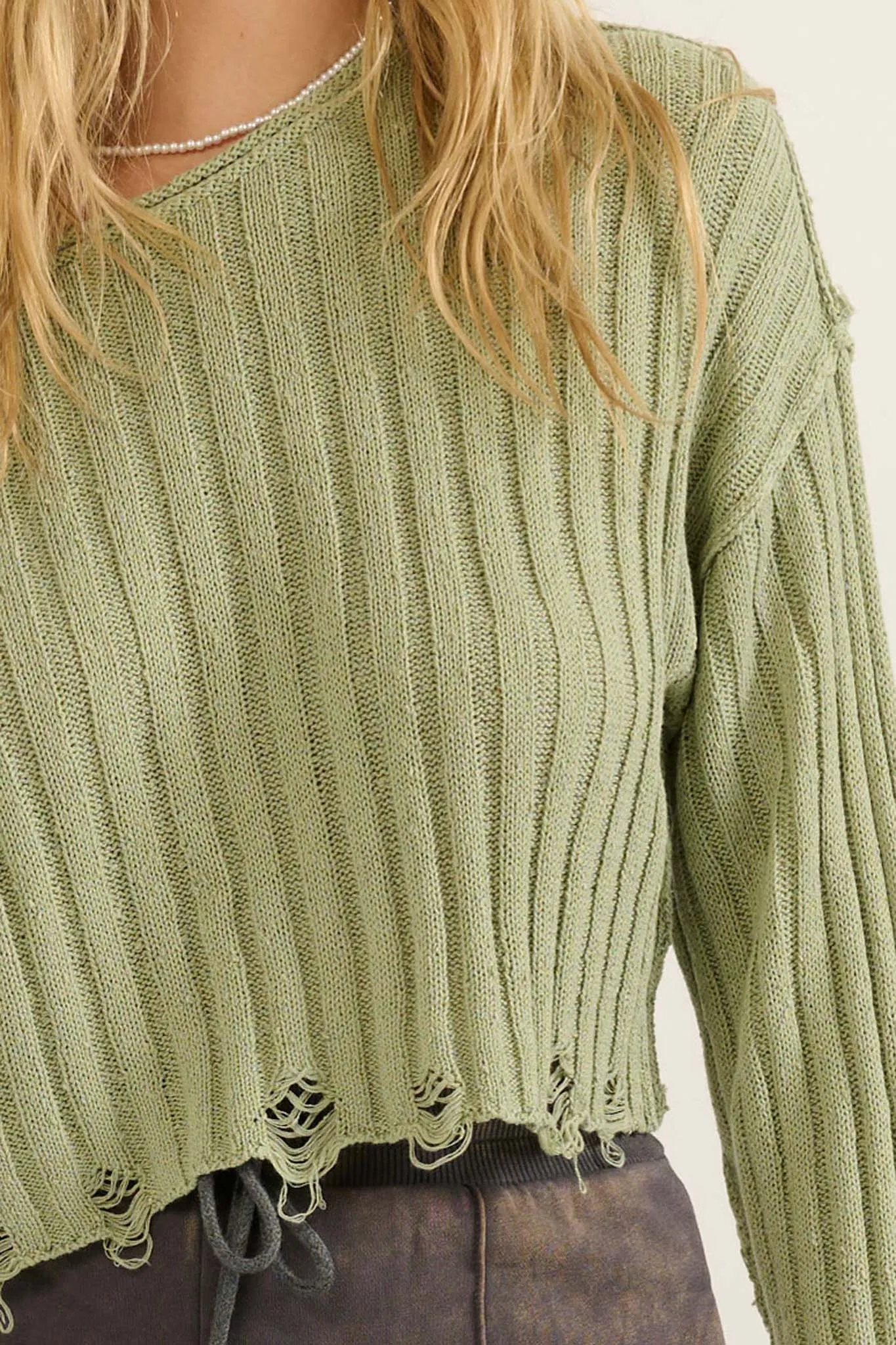 Beautifully Free Distressed Rib-Knit Sweater