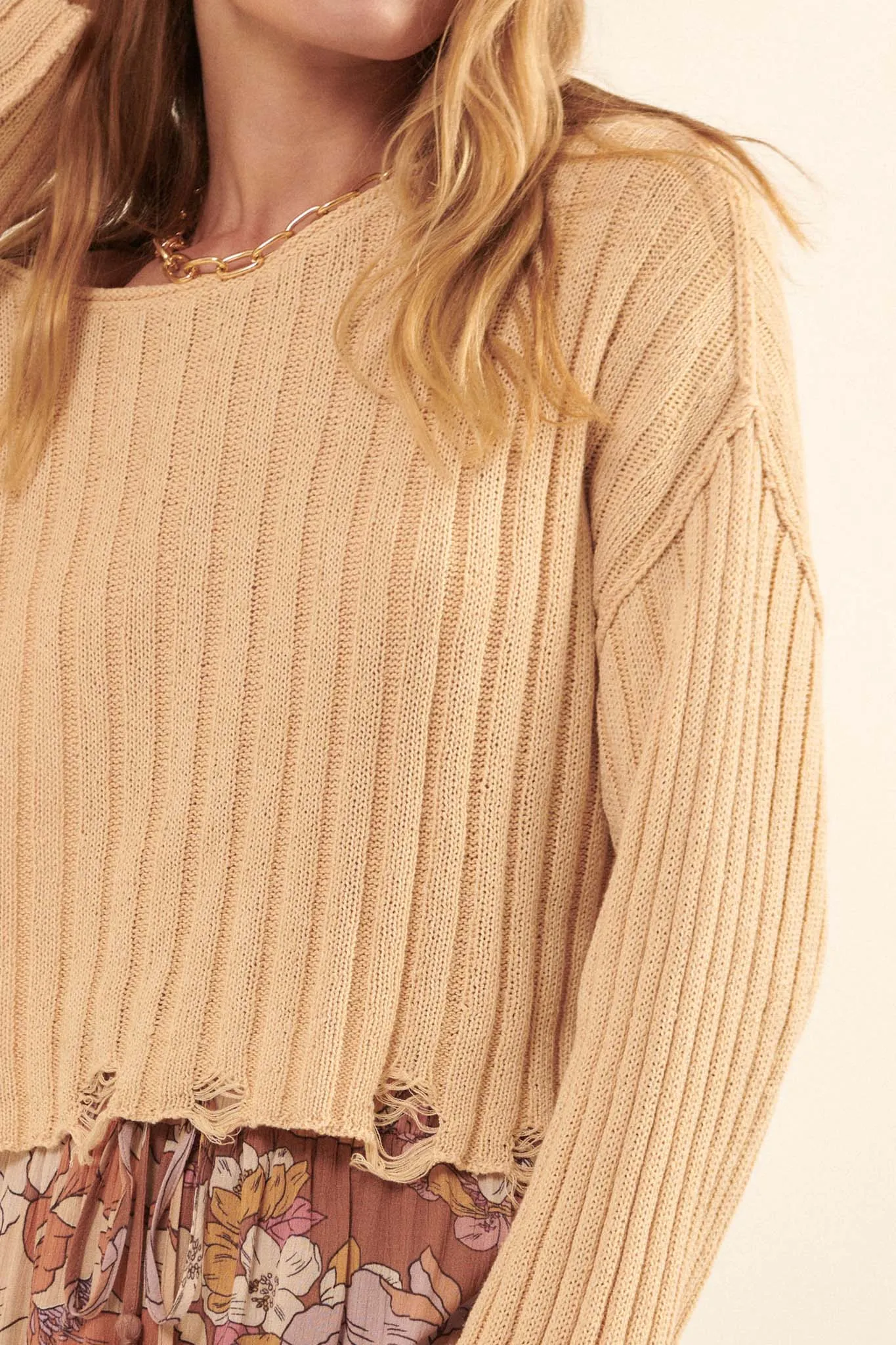 Beautifully Free Distressed Rib-Knit Sweater