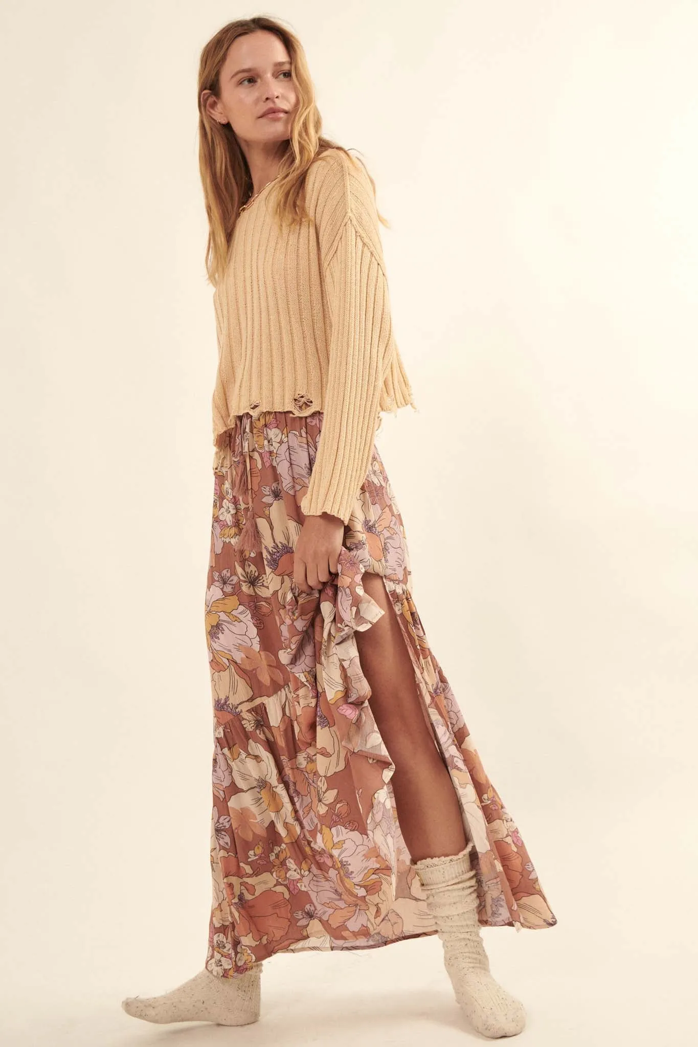 Beautifully Free Distressed Rib-Knit Sweater