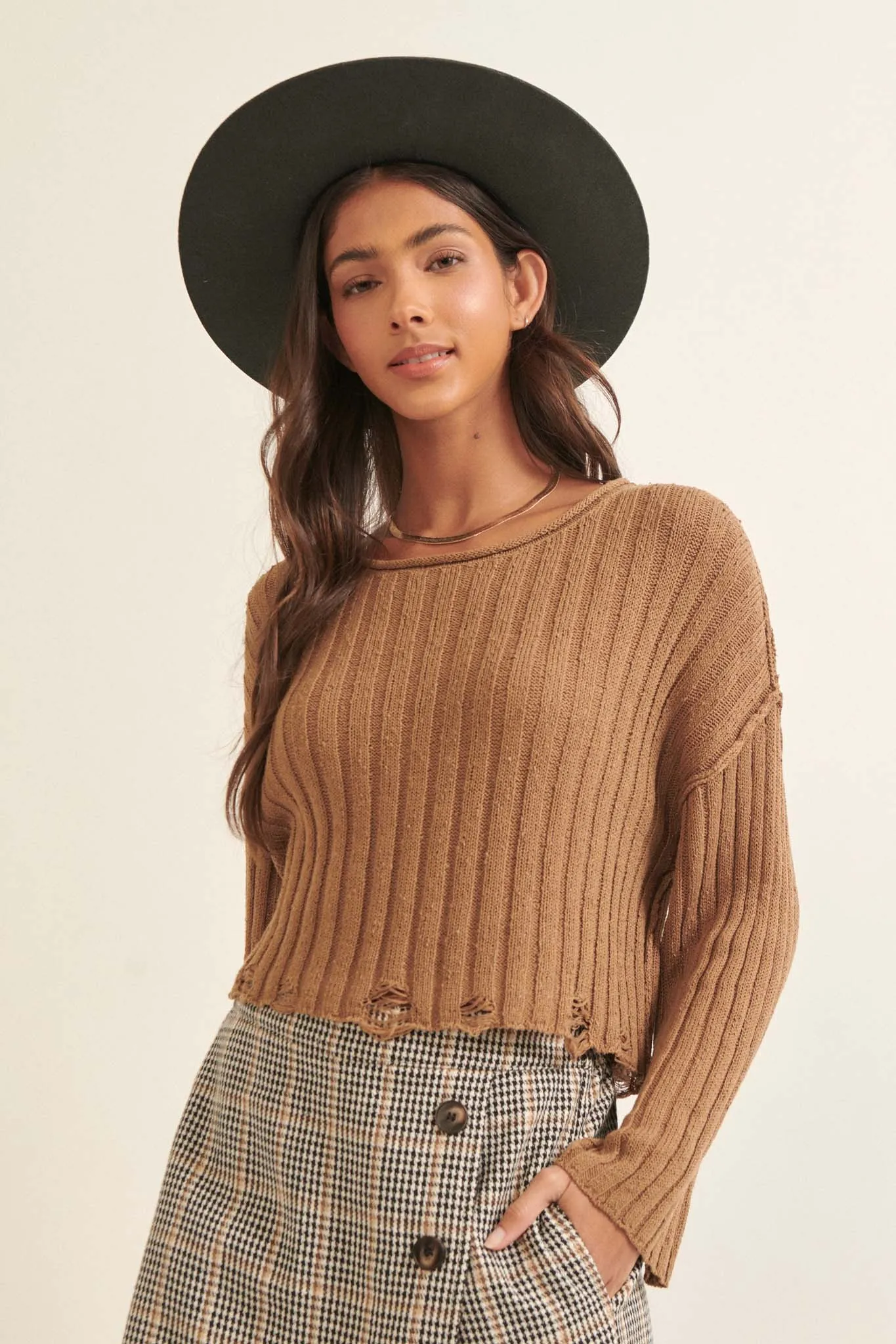 Beautifully Free Distressed Rib-Knit Sweater