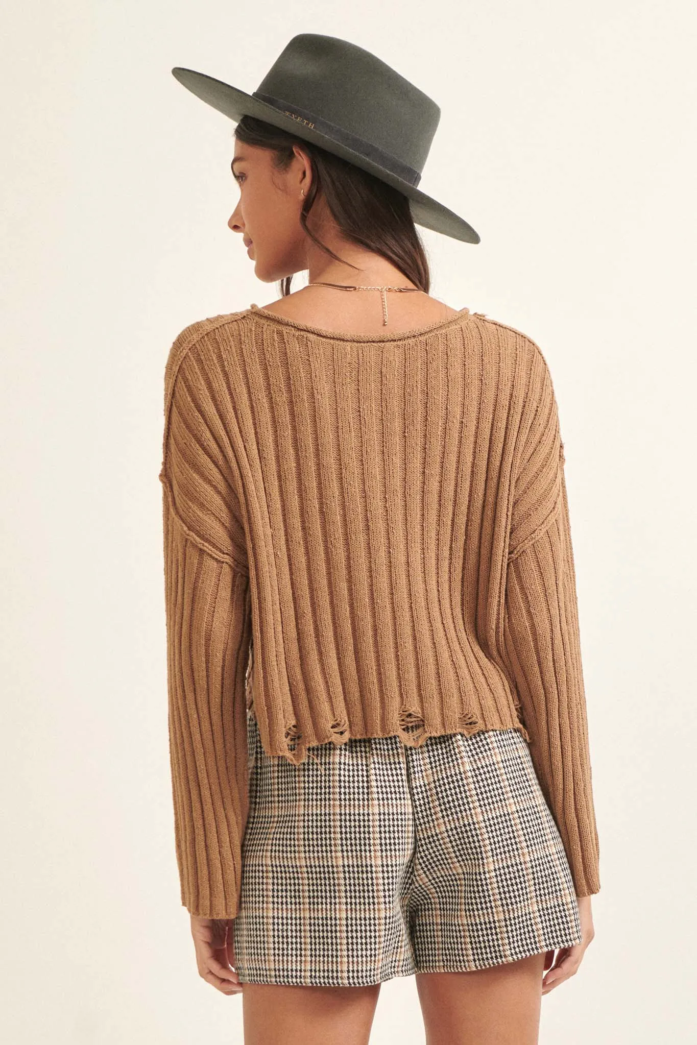 Beautifully Free Distressed Rib-Knit Sweater