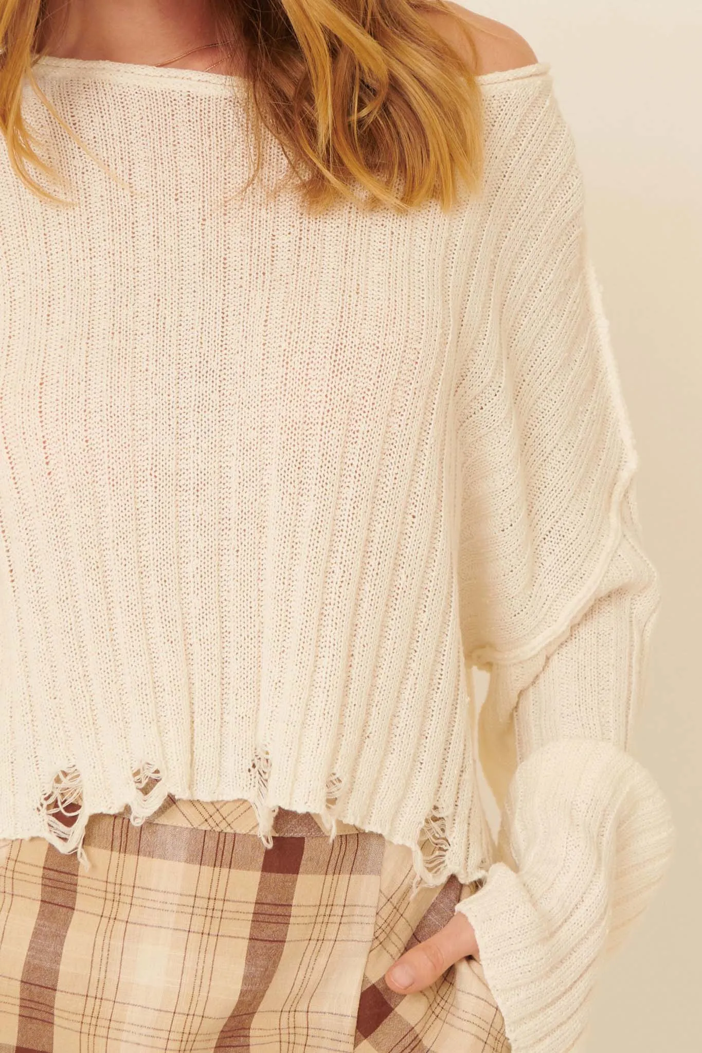 Beautifully Free Distressed Rib-Knit Sweater