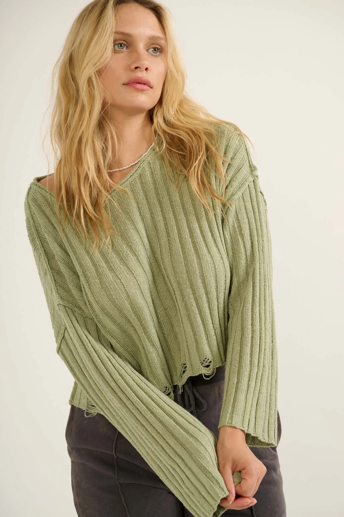 Beautifully Free Distressed Rib-Knit Sweater