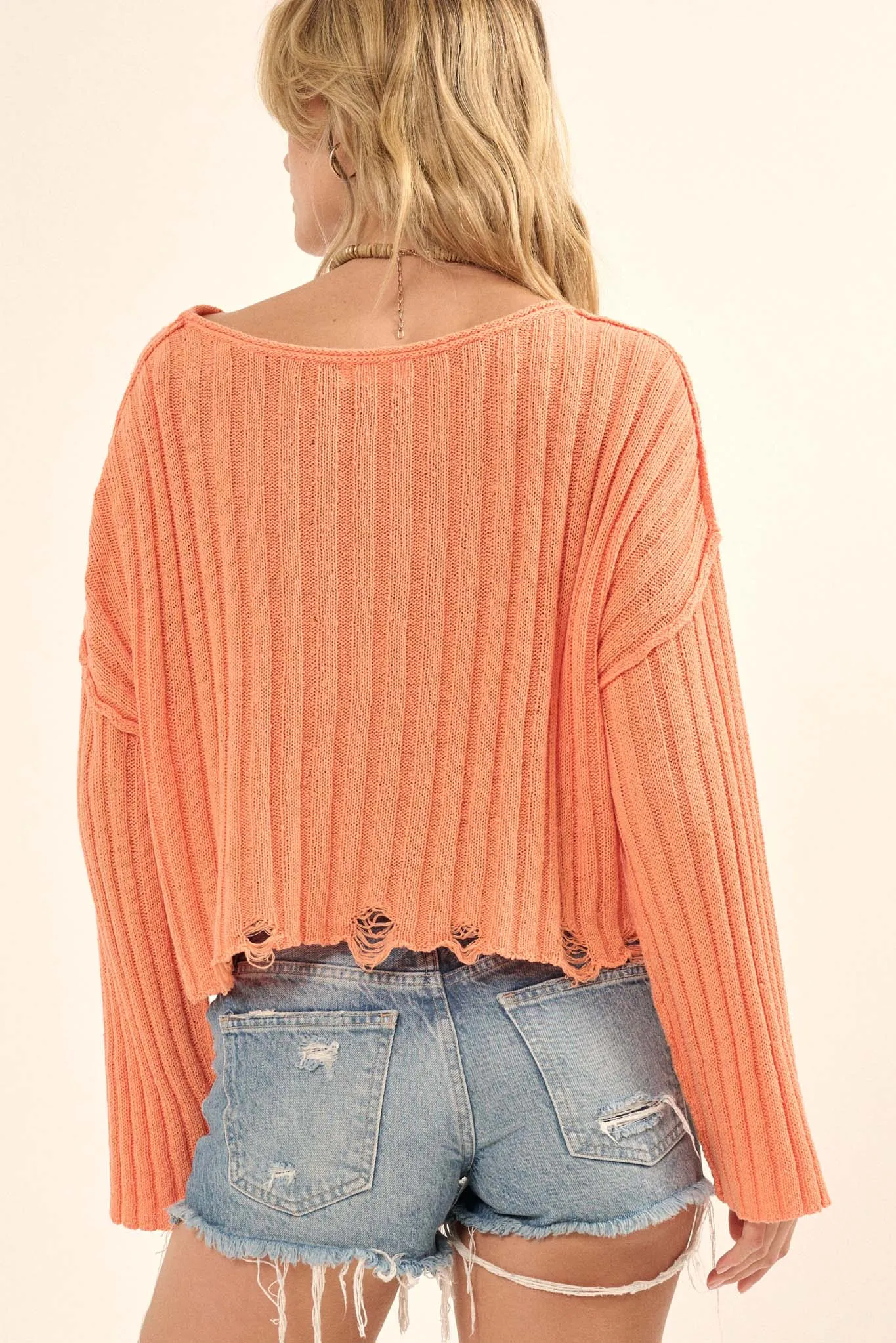 Beautifully Free Distressed Rib-Knit Sweater