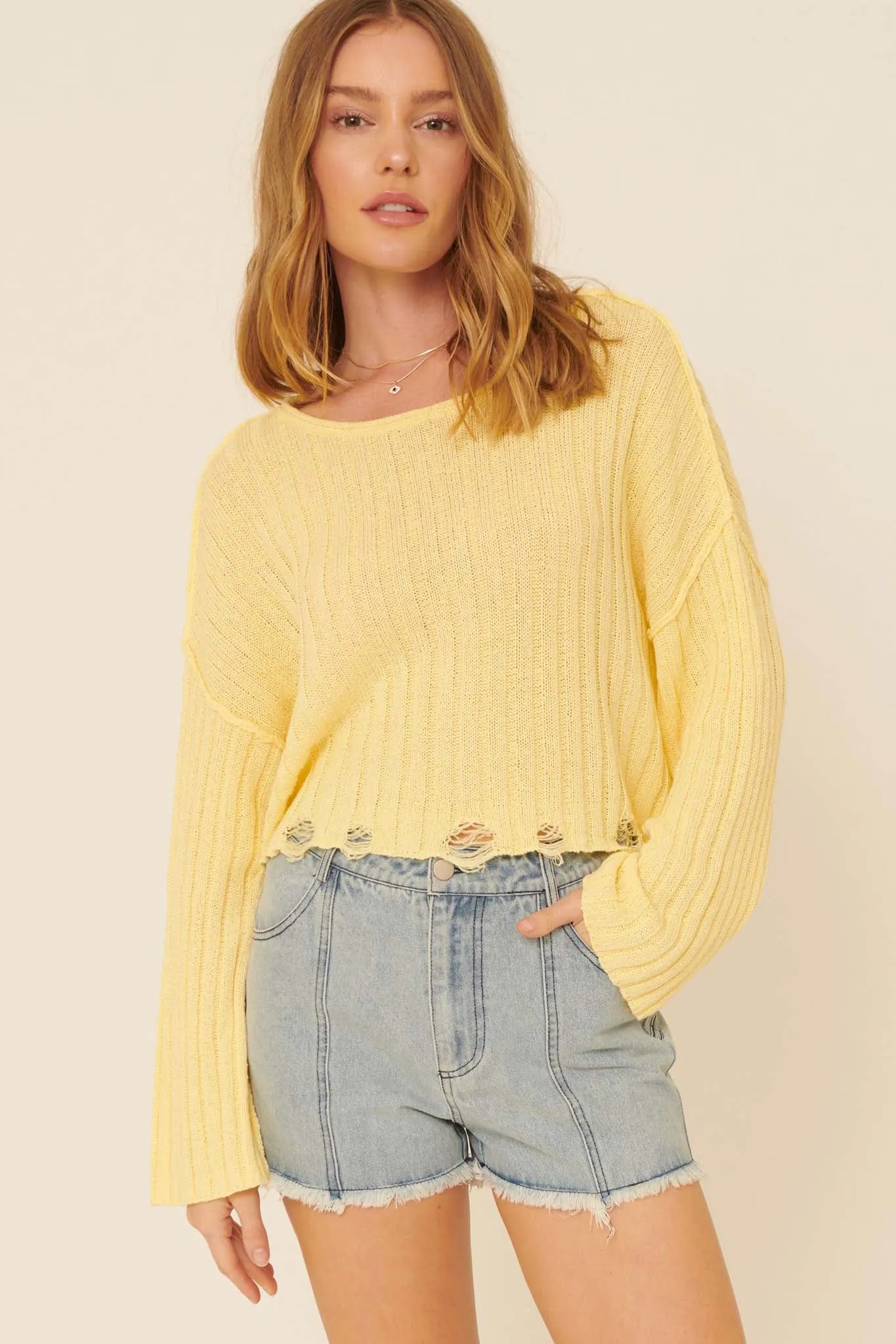 Beautifully Free Distressed Rib-Knit Sweater