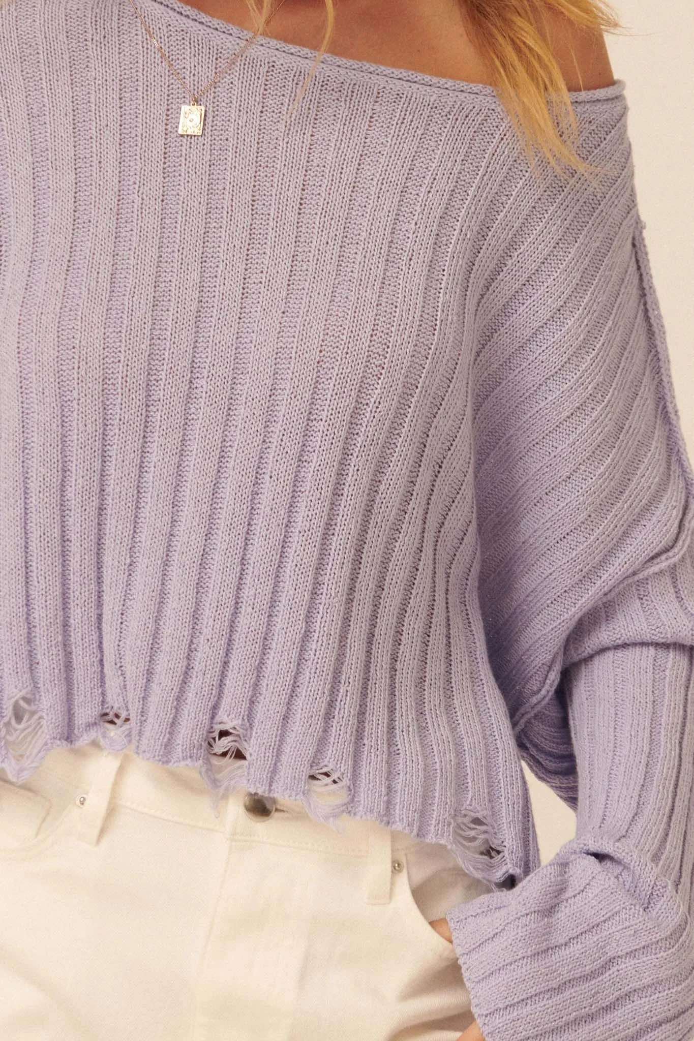 Beautifully Free Distressed Rib-Knit Sweater