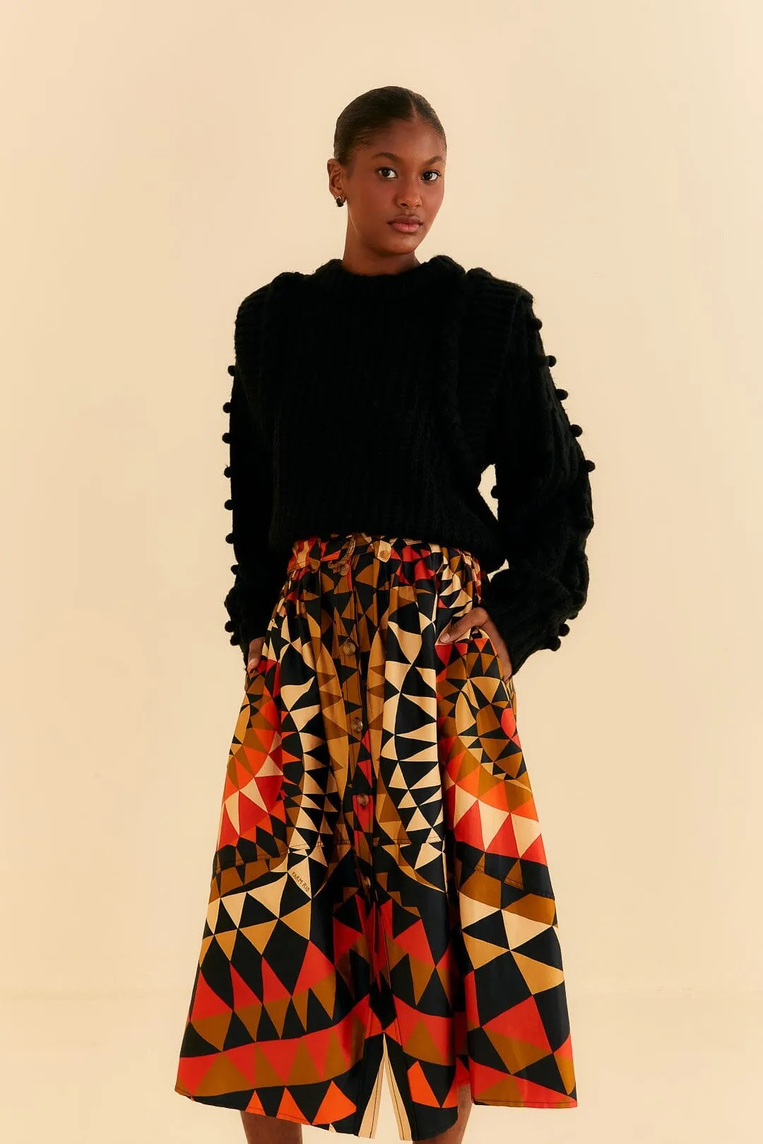 Black Heart Deco Button Down Midi Skirt