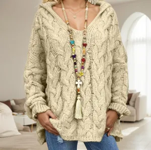 Cable Knit Pullover Sweater Oversized V Neck Long Sleeve Hooded Sweater Causal Chunky Hoodie Jumper Top for Women