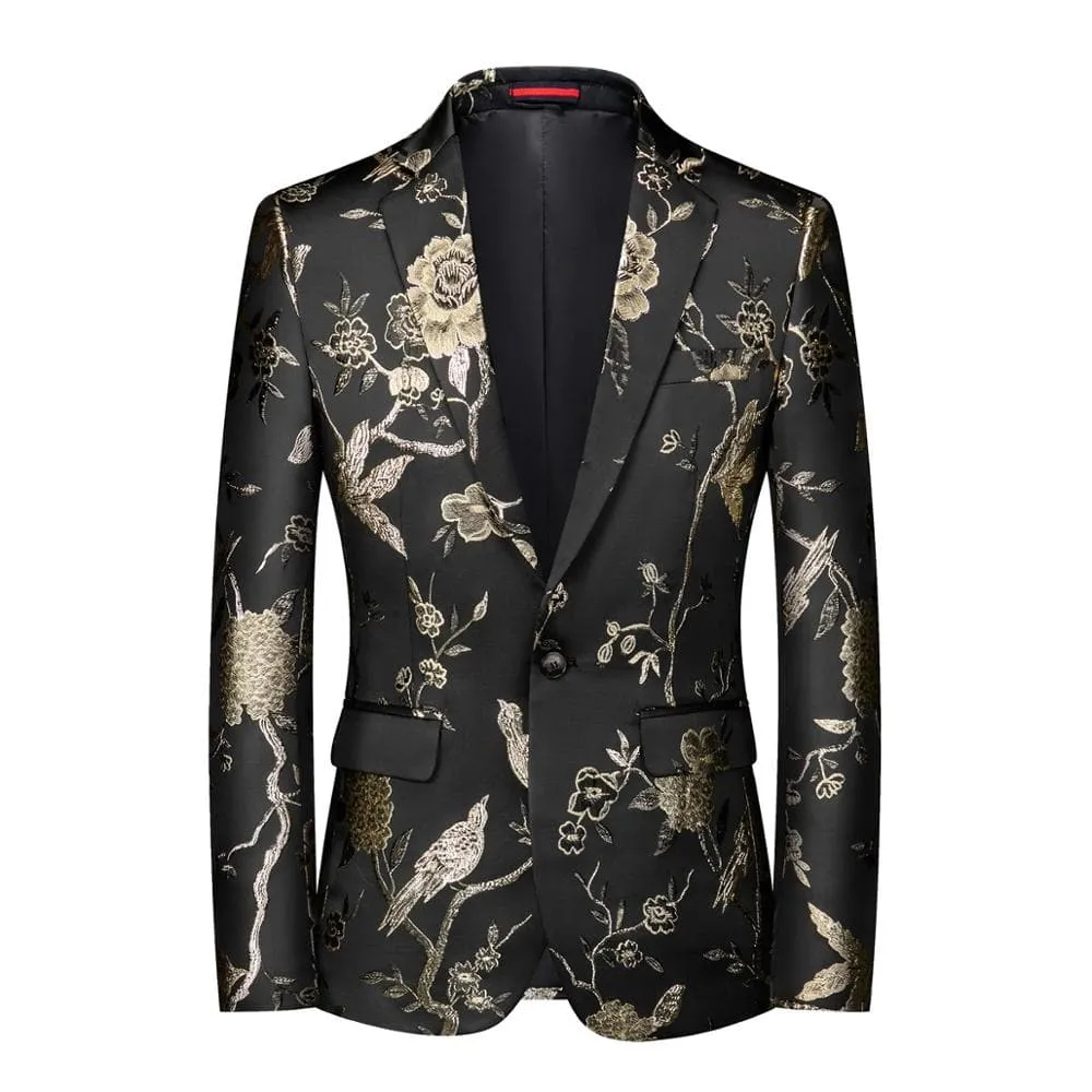 CGSUITS Men's Fashion Luxury Style Floral Embroidery Black & Royal Blue Pink Gold Blazer Suit Jacket