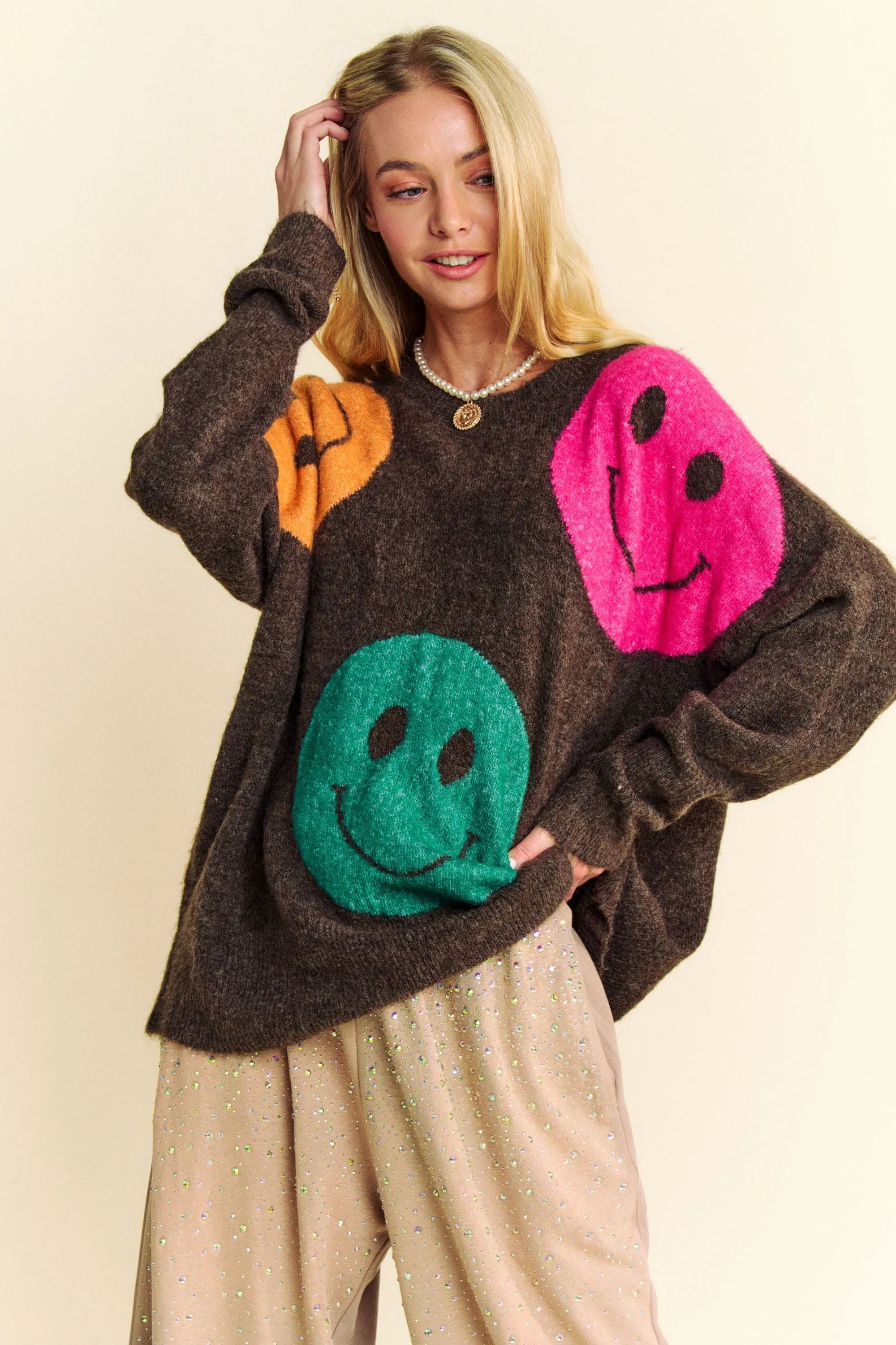 Davi & Dani Multi Colored Smiley Face Print Knit Sweater in Brown Multi