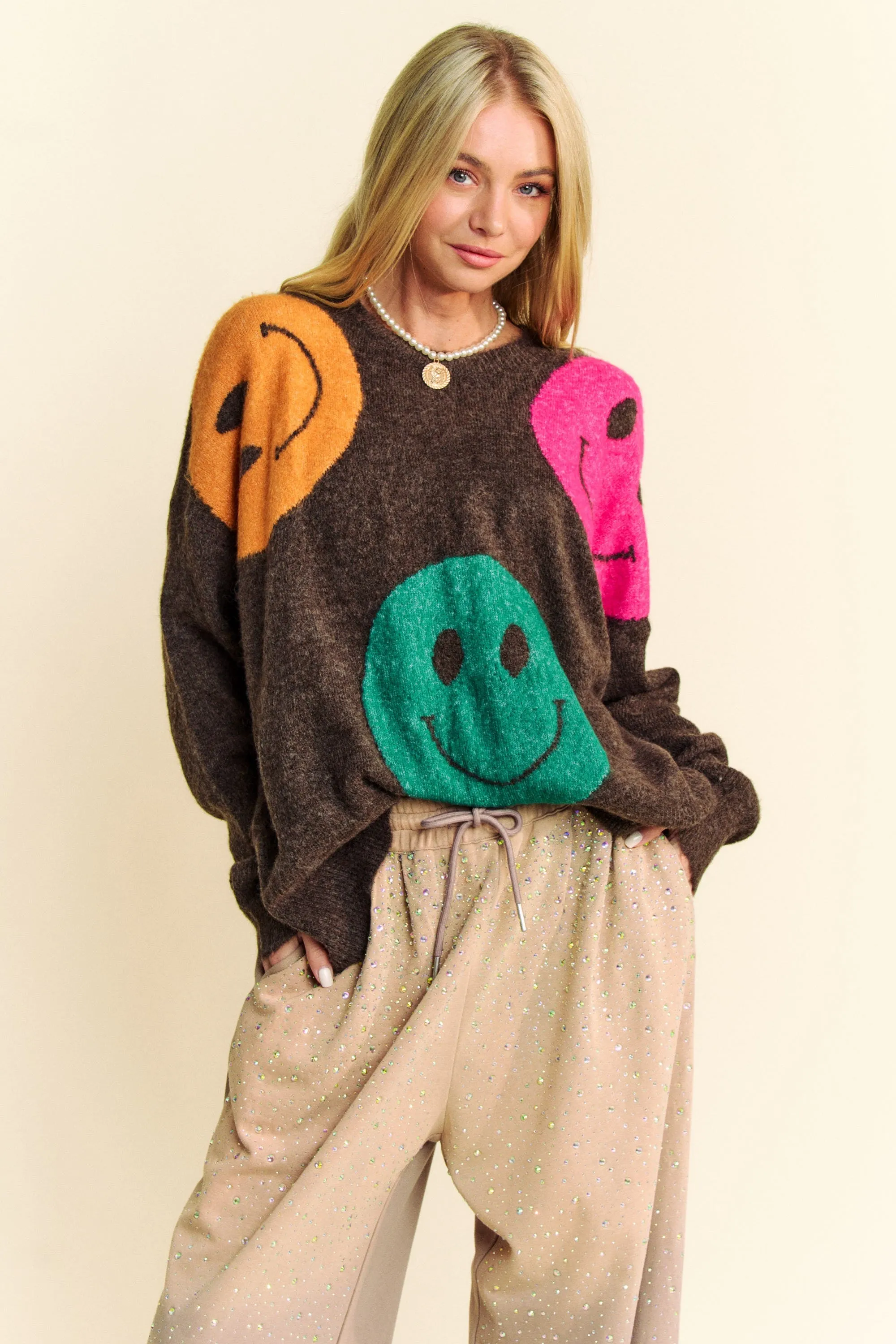 Davi & Dani Multi Colored Smiley Face Print Knit Sweater in Brown Multi