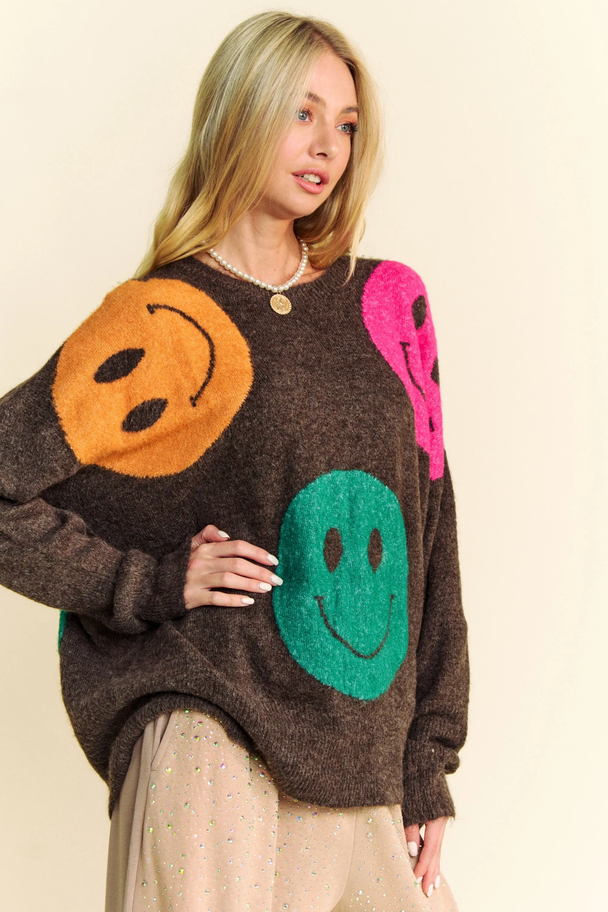 Davi & Dani Multi Colored Smiley Face Print Knit Sweater in Brown Multi
