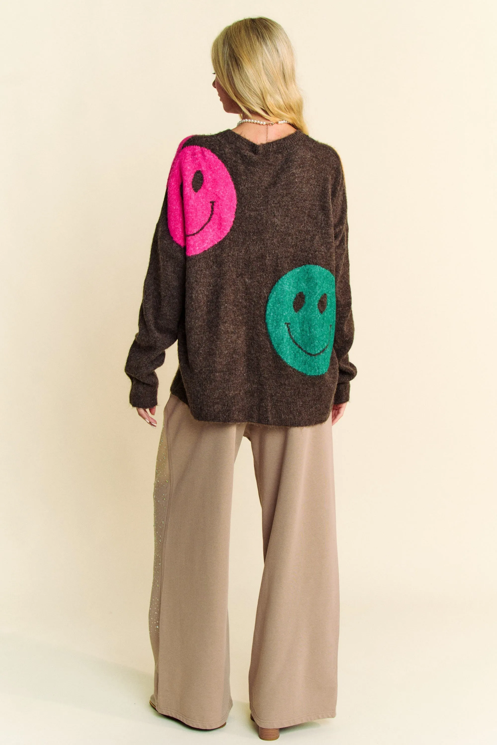 Davi & Dani Multi Colored Smiley Face Print Knit Sweater in Brown Multi