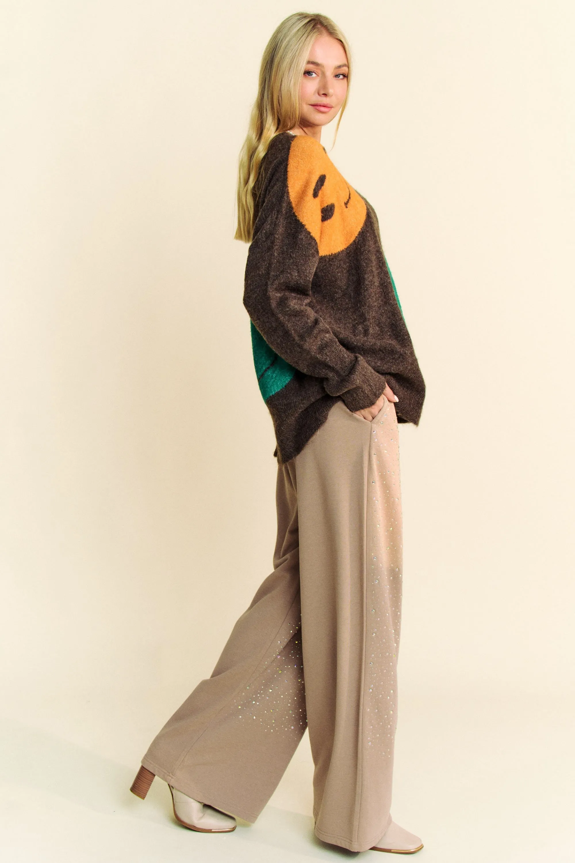Davi & Dani Multi Colored Smiley Face Print Knit Sweater in Brown Multi