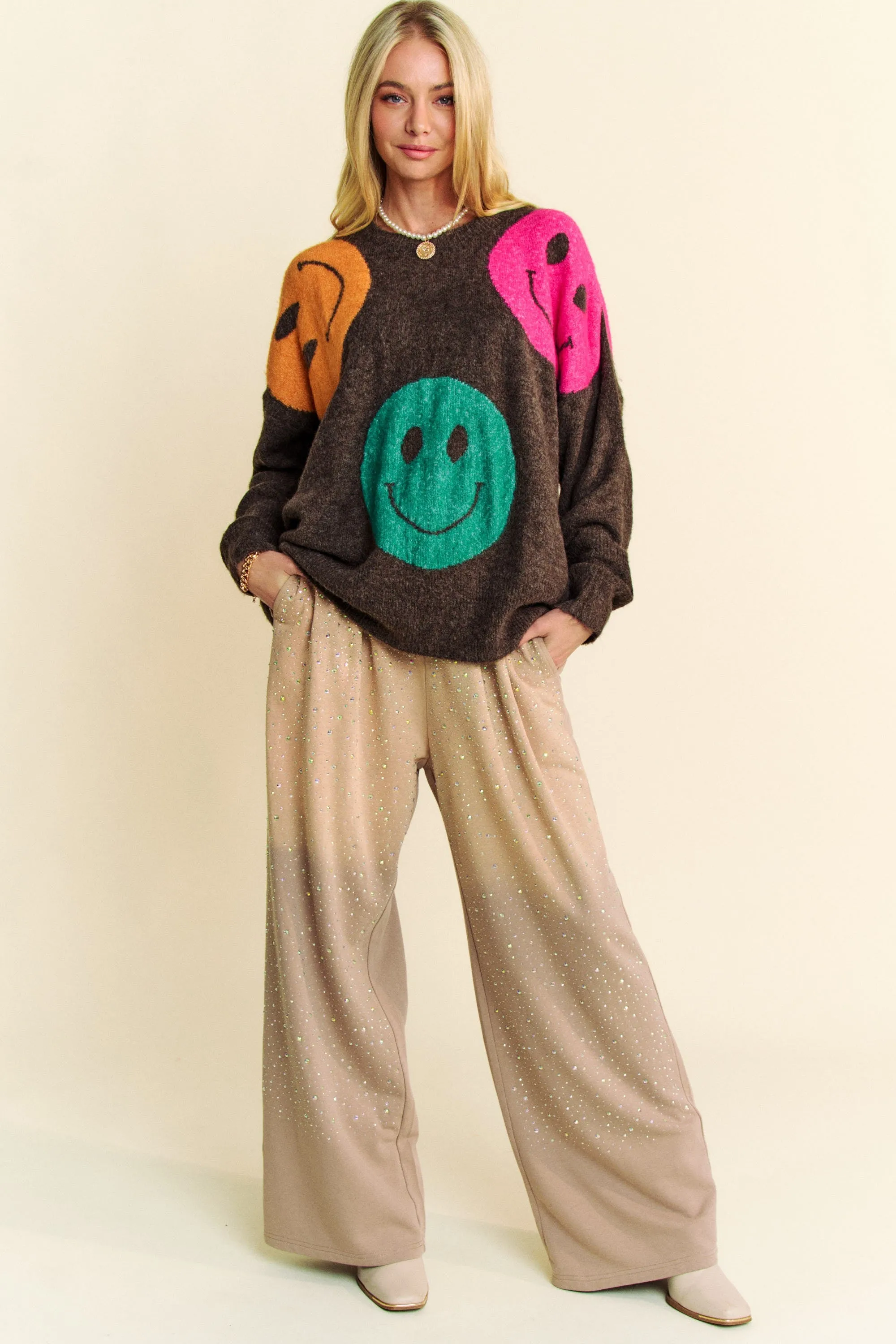 Davi & Dani Multi Colored Smiley Face Print Knit Sweater in Brown Multi