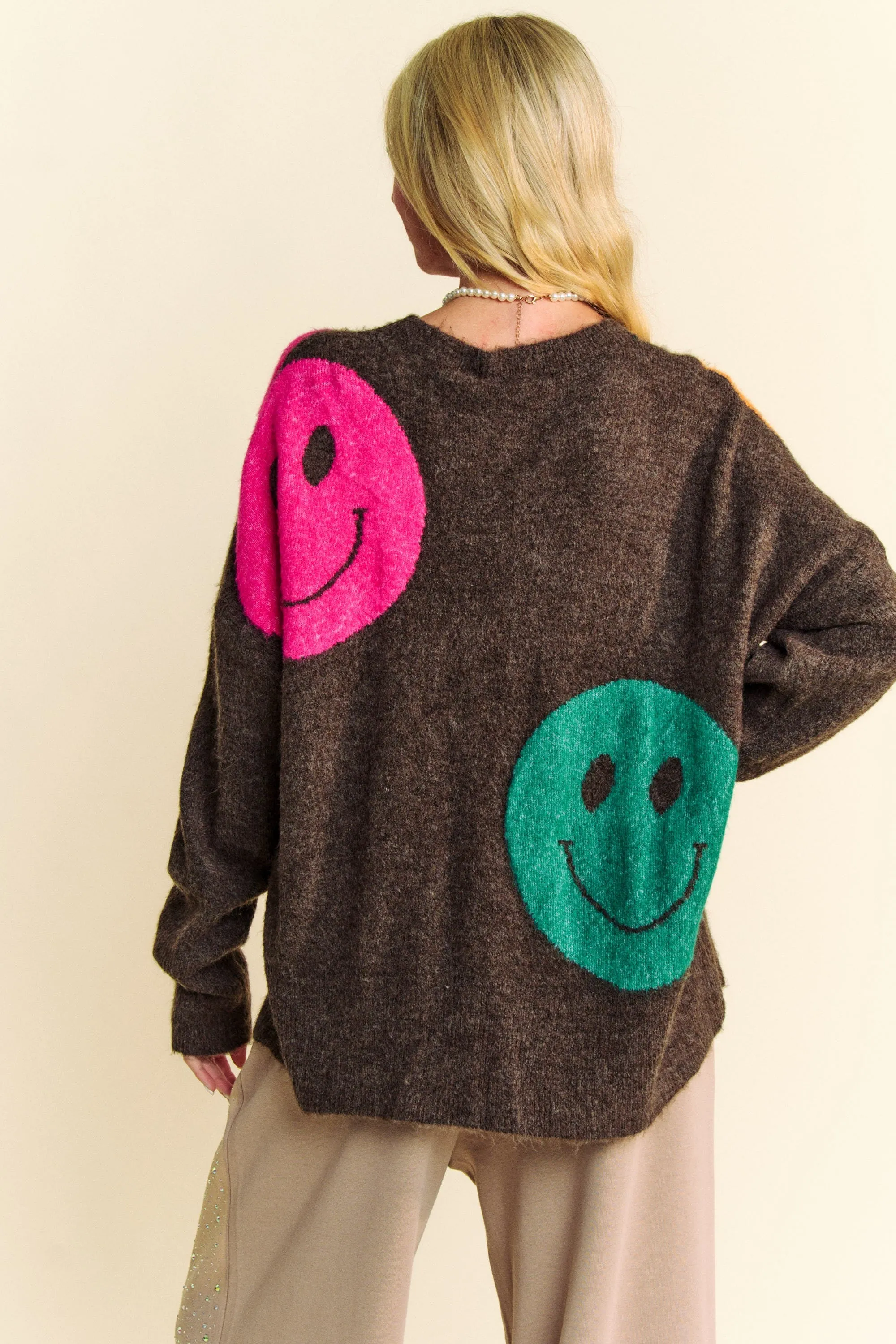 Davi & Dani Multi Colored Smiley Face Print Knit Sweater in Brown Multi