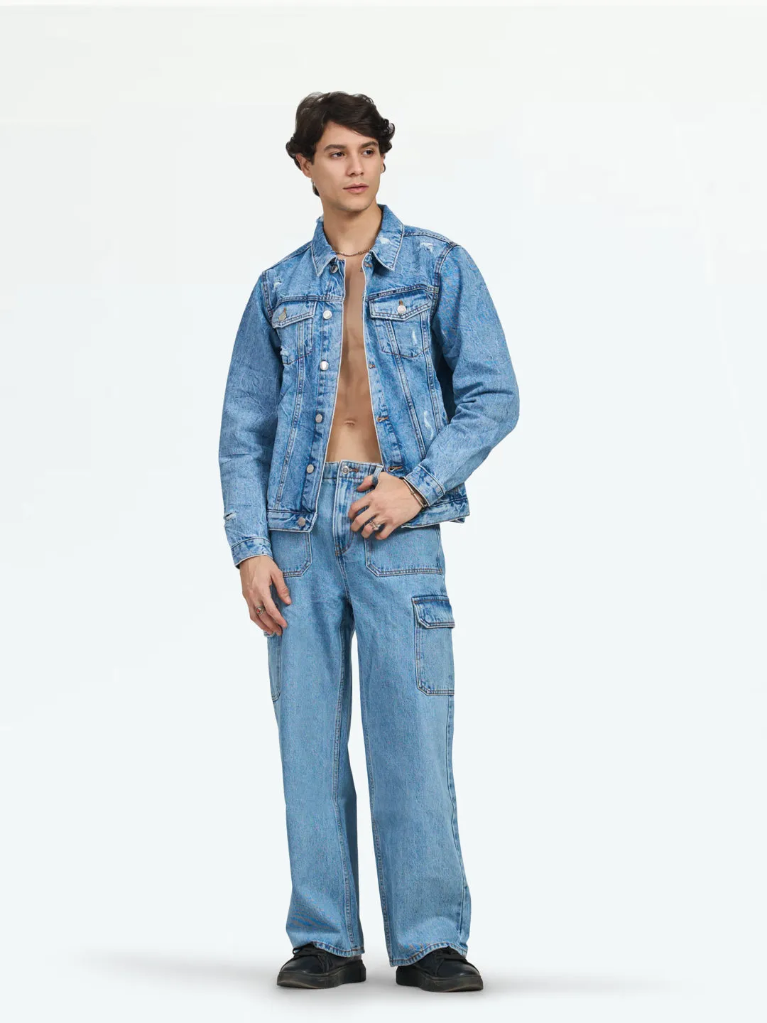 Light Blue Oliver Printed Cotton Denim Jacket
