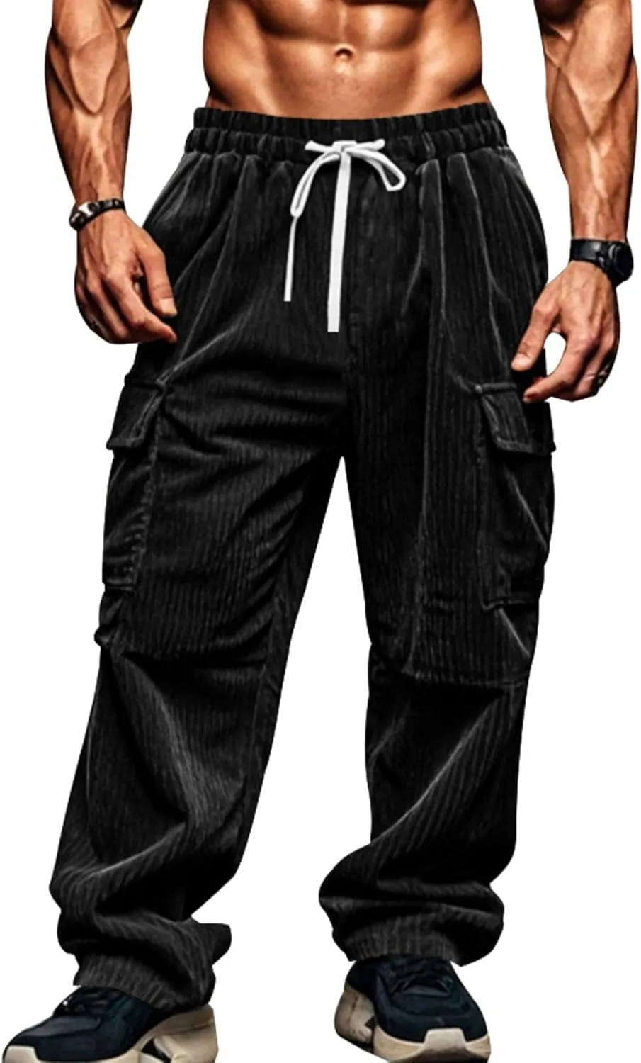 Mens Corduroy Cargo Pants Drawstring Elastic Waist Sweatpants Straight Fit Stretch Waist Athletic Gym Workout Pants