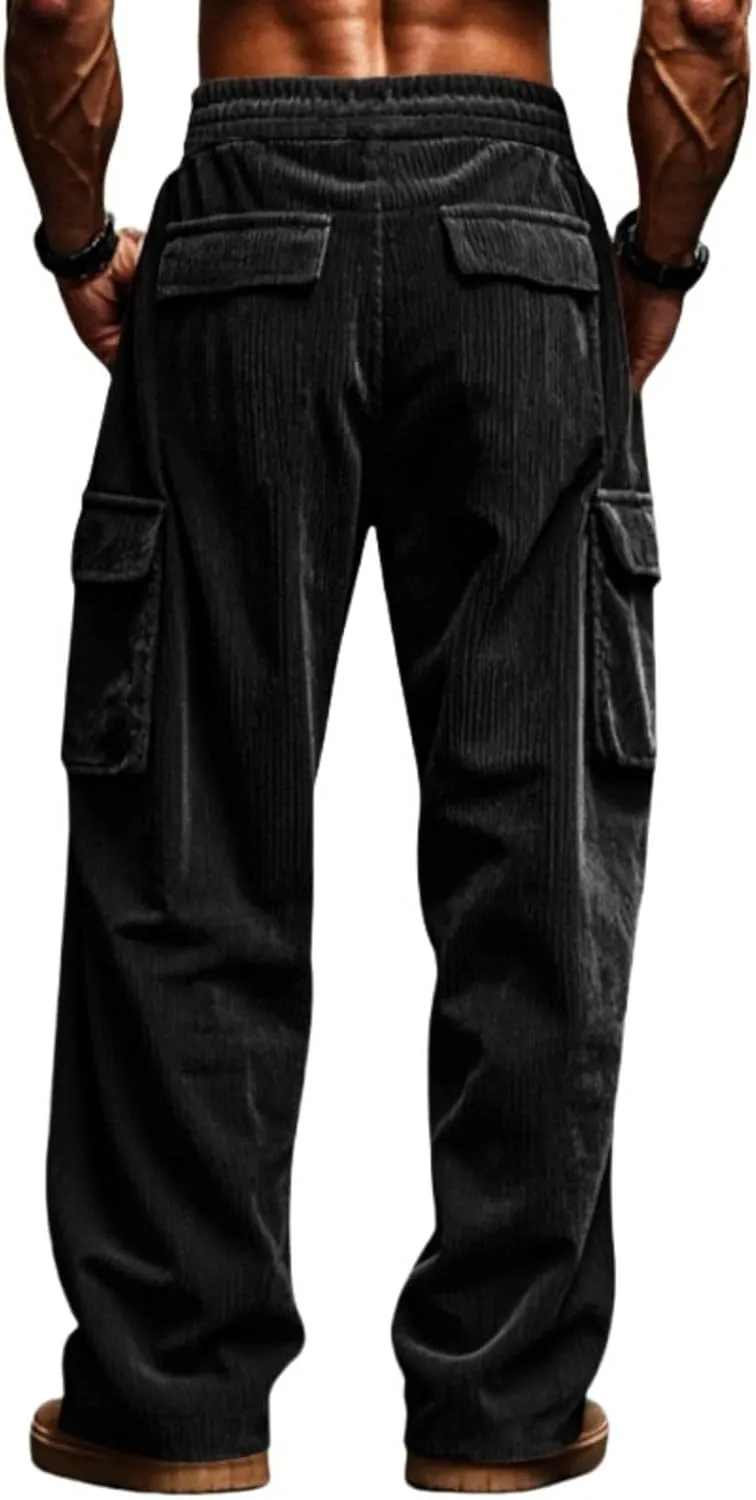 Mens Corduroy Cargo Pants Drawstring Elastic Waist Sweatpants Straight Fit Stretch Waist Athletic Gym Workout Pants