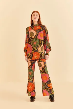 Multicolor Vintage Garden Satin Flare Pants