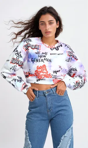 O200021 - Slip On Cropped Round Neck Sweatshirt - Blue & White