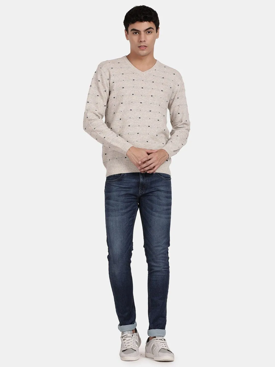 T-Base Geometric Printed V-Neck Woollen Pullover Sweater