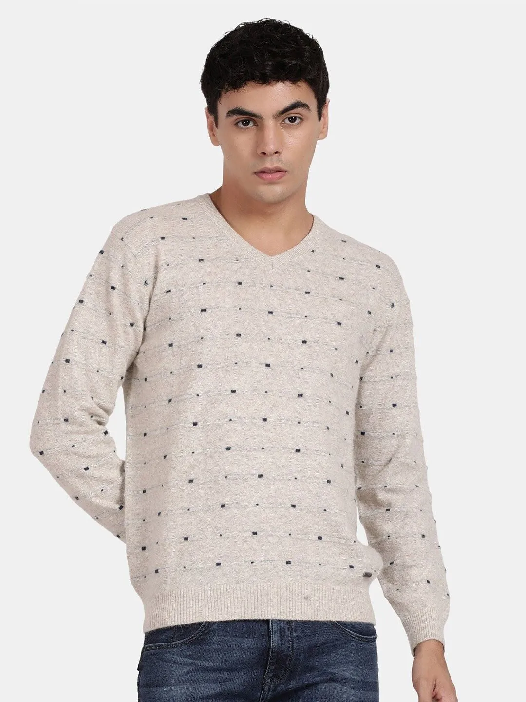T-Base Geometric Printed V-Neck Woollen Pullover Sweater