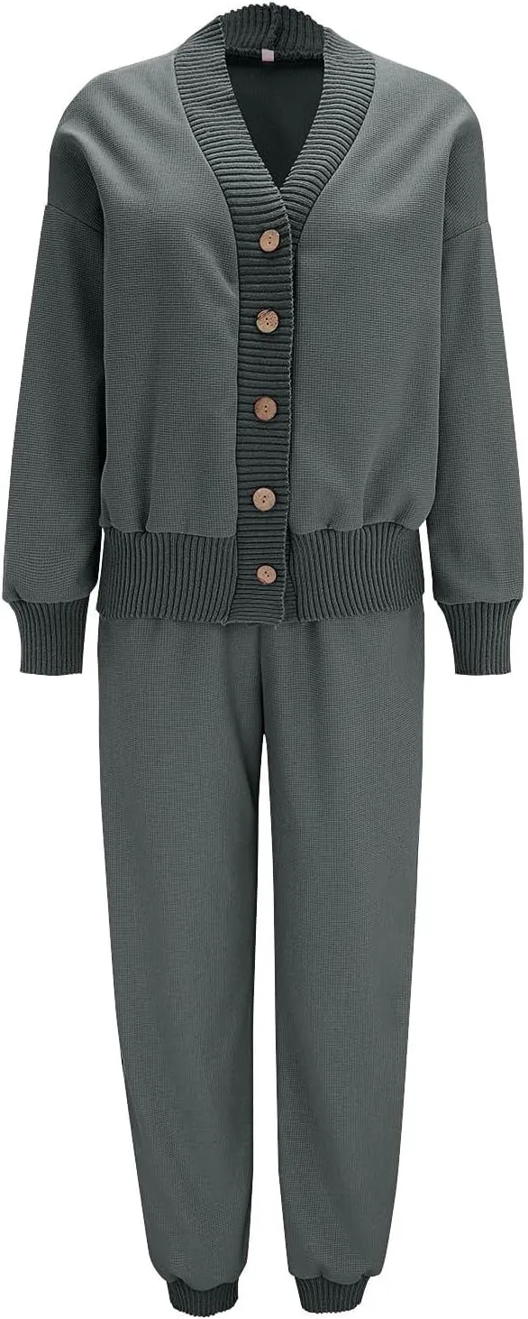 Womens 2 Piece Lounge Wear Set Long Sleeve Chunky Knit Cardigan Sweaters Elastic Cuffed Yoga Harem Jogger Pants Pajamas Set