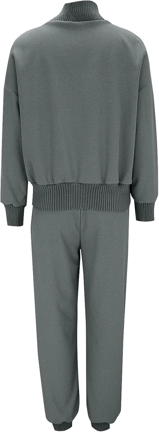 Womens 2 Piece Lounge Wear Set Long Sleeve Chunky Knit Cardigan Sweaters Elastic Cuffed Yoga Harem Jogger Pants Pajamas Set