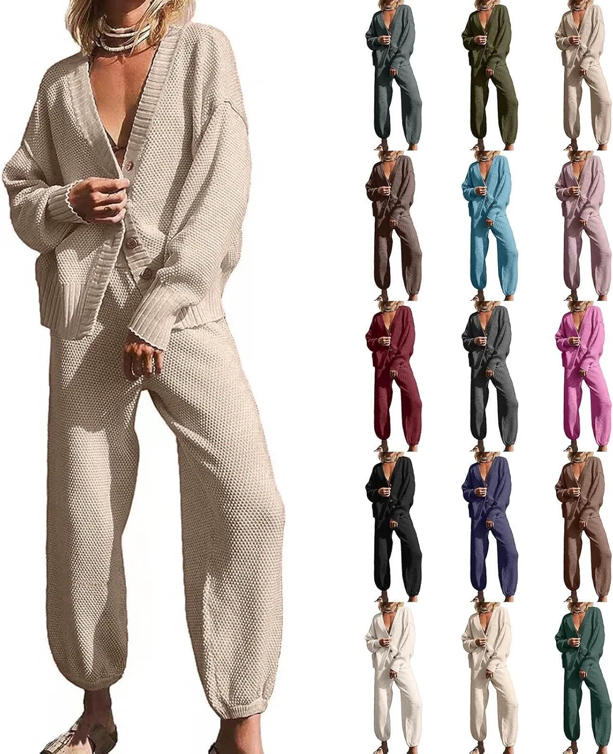 Womens 2 Piece Lounge Wear Set Long Sleeve Chunky Knit Cardigan Sweaters Elastic Cuffed Yoga Harem Jogger Pants Pajamas Set